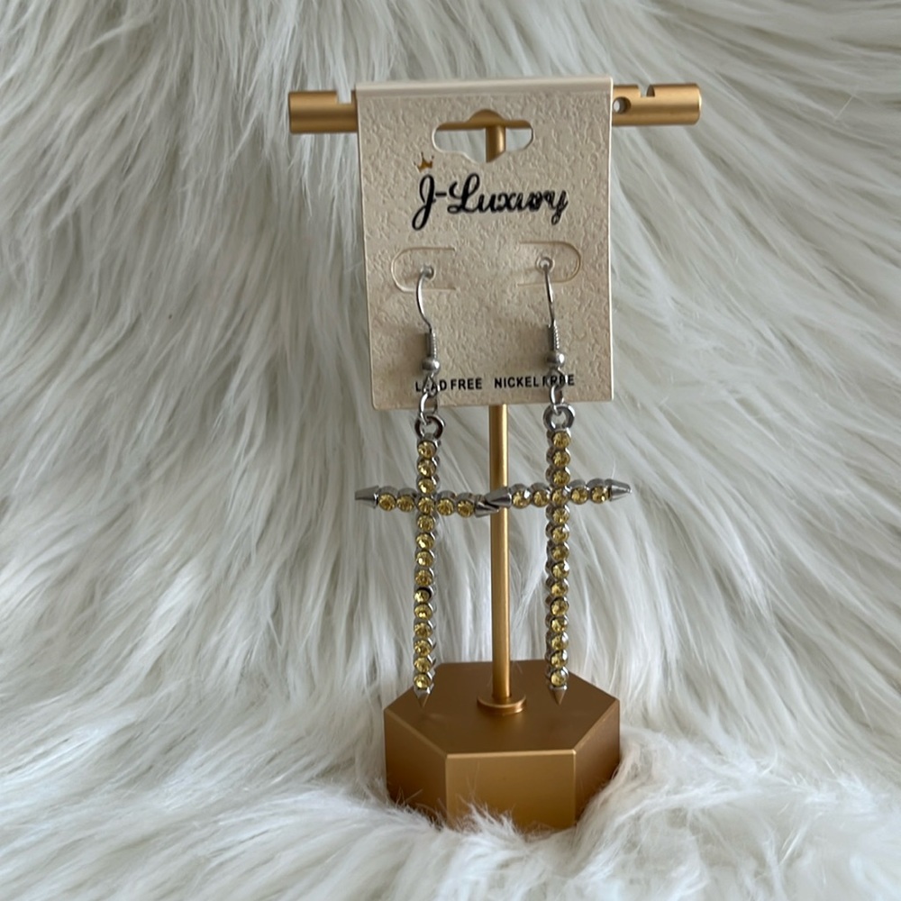 J Luxury Silver Cross + Yellow Stones Earrings